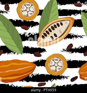 Seamless pattern with cocoa fruits and leaves, and grange black stripes on white background. Vector illustration for packaging chocolate drink and cho Stock Vector