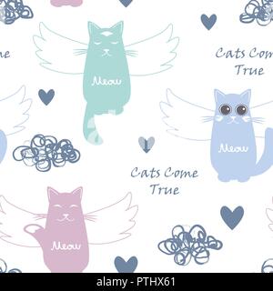 Vector seamless pattern with cartoon cats flying into the heaven. Cats come true text Stock Vector