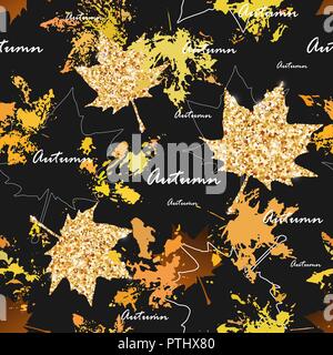 Autumn leaves seamless pattern with gold glitter texture and maple leaf imprints. Stylish background, textile or wrapping paper design. Vector illustr Stock Vector