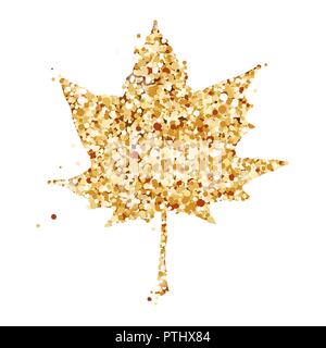 Cute autumn card with cute maple leaf. Banner, icon, or sale poster. Gold glitter design on the white background. Vector illustration Stock Vector