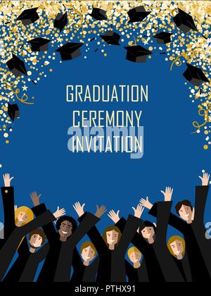Graduation poster with happy graduates throwing graduation hats in the gold confetti sky. Vector illustration Stock Vector
