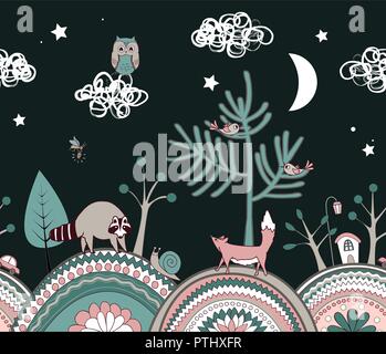 Cute doodle kids seamless pattern with ornamented hills, and cartoon trees and animals. Fairy night vector illustration. Stock Vector