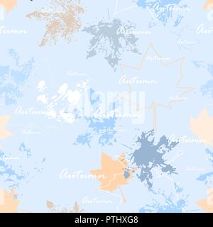Light seamless pattern with realistic maple leaves imprints. Pastel blue palette. Vector illustration Stock Vector