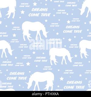 Cute seamless pattern with white magical unicorns and stars on blue background. Dreams come true text. Vector illustration Stock Vector
