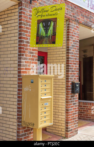 JOHNSON CITY, TN, USA-9/30/18: Entrance and mailboxes for the Yellow Door Apartments in downtown. Stock Photo