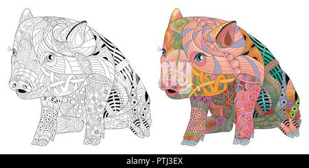 Zentangle stylized pig. Hand drawn decorative vector illustration Stock Vector