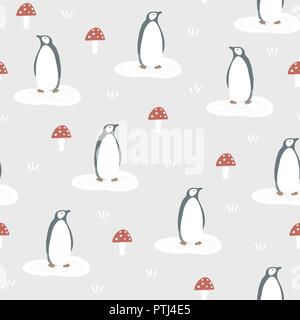 Cute Christmas seamless pattern with penguin birds, fly agaricus mushrooms and ice. Kids nordic design. Hand drawn kids nordic design, winter vector i Stock Vector