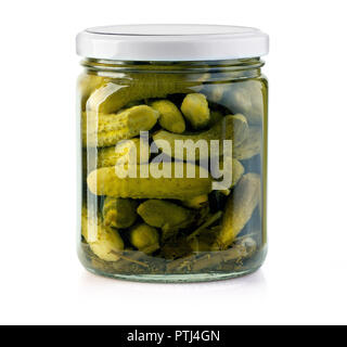 Pickled cucumbers isolated. Pickles in glass jar isolated on white background. with clipping path Stock Photo