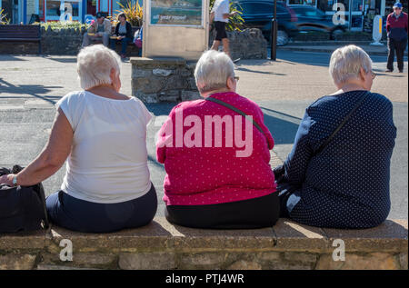 three older or elderly ladies sitting on a wall in the summer sunshine Stock Photo