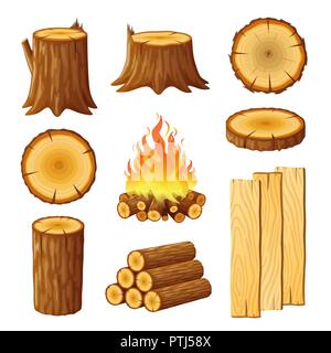 Set of logging, stumps and boards, woodpile and wood logs Stock Vector