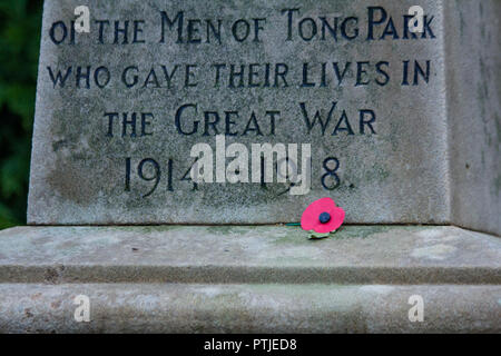 A single red poppy at the base of a first world war memorial. Stock Photo