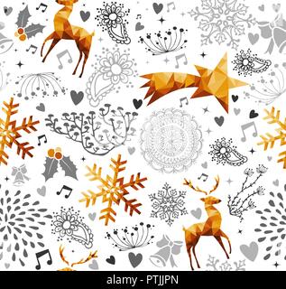 Merry Christmas seamless pattern with gold reindeer and winter decoration for holiday season background. EPS10 vector. Stock Vector