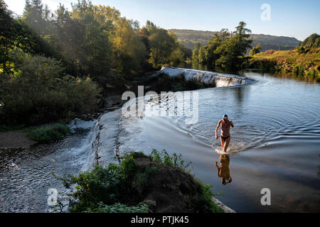 Wild swimmer Jens Roesner takes a pre-work wild swim in the river Avon at Warleigh Weir in Somerset. Stock Photo