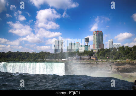 Niagara Falls, USA – August 29, 2018: Beautiful view of Niagara Falls the Canadian side with famous hotels across from the American side, New York Sta Stock Photo