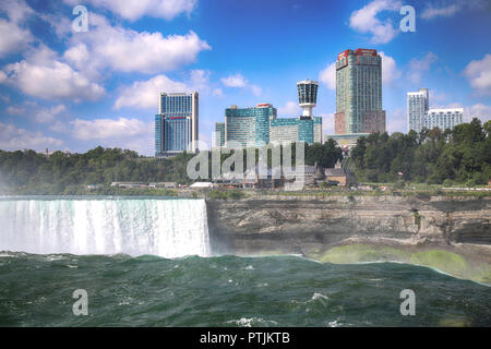Niagara Falls, USA – August 29, 2018: Beautiful view of Niagara Falls the Canadian side with famous hotels across from the American side, New York Sta Stock Photo