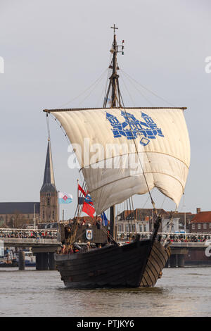 Kampen, The Netherlands - March 30, 2018: the Cog of Kampen during the fleet show at Sail Kampen Stock Photo