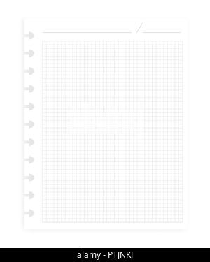 Hole punched squared filler paper sheet for disc binder, realistic vector mockup. Letter size writing pad, header for date or other notes, template Stock Vector