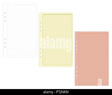 Hole punched colored filler paper sheets, vector mockup. Lined junior legal size squared writing pads for ring binder isolated on white, template Stock Vector