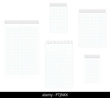 Spiral notebook with squared metric field set, mockup. Wire bound note book, template. Letter, half letter, legal, junior legal, ledger / tabloid size Stock Vector