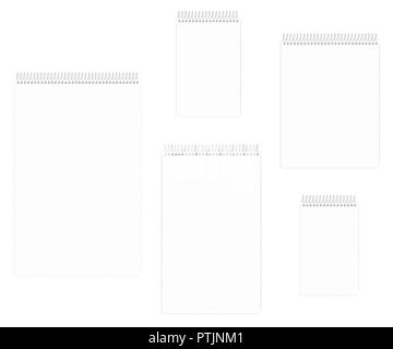 Spiral notebook with squared paper sheets set, mockup. Wire bound notepad, template. Letter, half letter, legal, junior legal, ledger / tabloid sizes Stock Vector