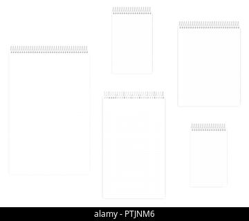 Top spiral dot grid notebook set, realistic mockup. Wire bound notepad, template. Letter, half letter, legal, junior legal, ledger / tabloid sizes Stock Vector