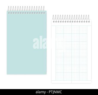 Top spiral notebook with squared metric field rule sheets: page and cover, realistic vector mockup. Wire bound junior legal size notepad, mock up Stock Vector