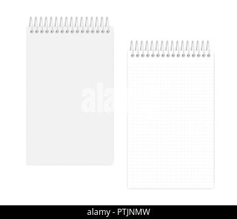 Top spiral junior legal size notebook, realistic vector mock up. Wire bound squared paper notepad, mockup. Softcover grid lined diary: page and cover Stock Vector