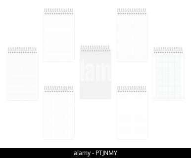 Top spiral notebook junior legal size set, mockup. Wire bound notepad with various ruled paper, mock up. Note book: page and cover, template Stock Vector