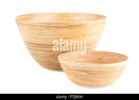 Empty bamboo bowls isolated on white background. Stock Photo