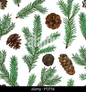 Realistic green fir tree branches and cones seamless pattern on white background. Christmas, new year symbol. Stock Vector