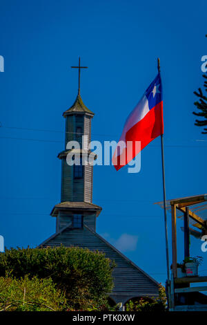 CHILOE, CHILE - SEPTEMBER, 27, 2018: Church of Vilupulli is a catholic temple in the locality of Vilupulli, in Chonchi, Chilo south of Chile Stock Photo