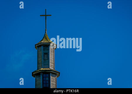 Exterior detail view of vilupulli church, one of world heritage wooden churches located at Chiloe island, Chile Stock Photo