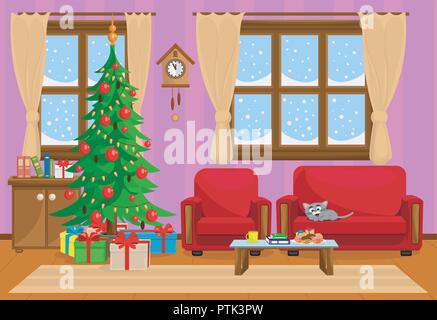 Vector illustration of Christmas living room with Christmas tree, gifts, sofa, table with treats and snow-covered window. Stock Vector