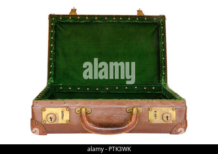 Old, green, vintage retro suitcase with leather handle and metal