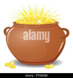 Money in a pot, the glitter of gold coins . A lot of coins in the container. Finance and business. isolated, white, vector Stock Vector