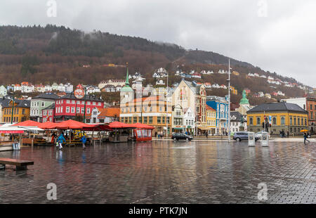 BERGEN, NORWAY - MAY 04, 2013: Fish Market Square and the surrounding old houses in Bergen. Norway Stock Photo