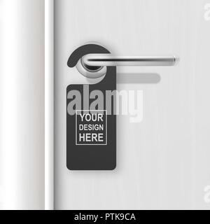 Vector realistic paper black blank door hanger on white realistic wooden door with metal silver handle. Door hanger mockup. Design template. Full length door is in a clipping mask Stock Vector