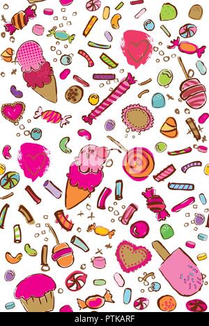Vector colorful candies and sweets seamless pattern on white background. Perfect for fabric, quilting, scrapbook paper, wallpaper and crafts Stock Vector
