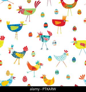 Colorful seamless repeat pattern of chickens on a white background Stock Vector