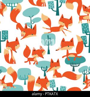 Vector foxes on a forest seamless pattern background. Perfect for quilting, scrapbooking, crafting and children projects Stock Vector