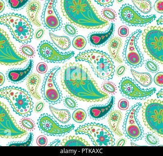 Vector decorative paisley design in greens, aquamarines and pinks pattern background. Use for fabrics, quilts, wallpapers, scrapbooking and crafts Stock Vector