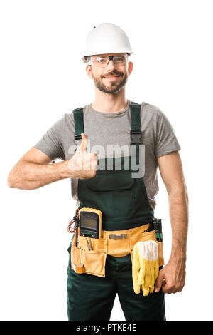 smiling handsome electrician showing thumb up isolated on white Stock Photo