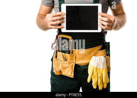 cropped image of electrician holding tablet with blank screen isolated on white Stock Photo
