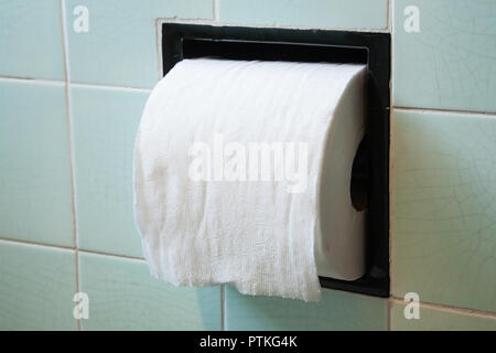 Toilet Paper Roll on green tiled wall in bathroom, USA Stock Photo