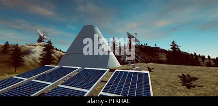 Extremely detailed and realistic high resolution 3d image of solar panels and a habitat with satellite dishes in background on earth like planet. Elem Stock Photo