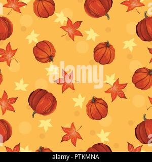 Seamless patern with orange pumpkin and polka dots. Stock Vector