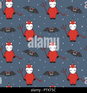 cute cartoon devil unicorns in the night halloween seamless vector pattern background illustration with bats Stock Vector