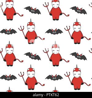 cute cartoon devil unicorns halloween seamless vector pattern background illustration with bats Stock Vector