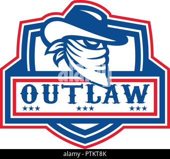 Mascot icon illustration of head of a cowboy outlaw or bandit with covered face viewed from side set in crest or shield on isolated background in retr Stock Vector