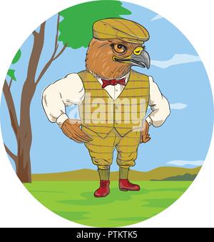 Drawing sketch style illustration of a hawk or falcon outdoorsman or hunter  wearing a flat cap or bunnet and vest looking with hand on hips inside ov Stock Vector
